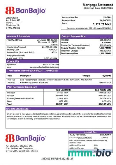 Meksyk BanBajío wyciąg z kredytu hipotecznego szablon Word i PDF